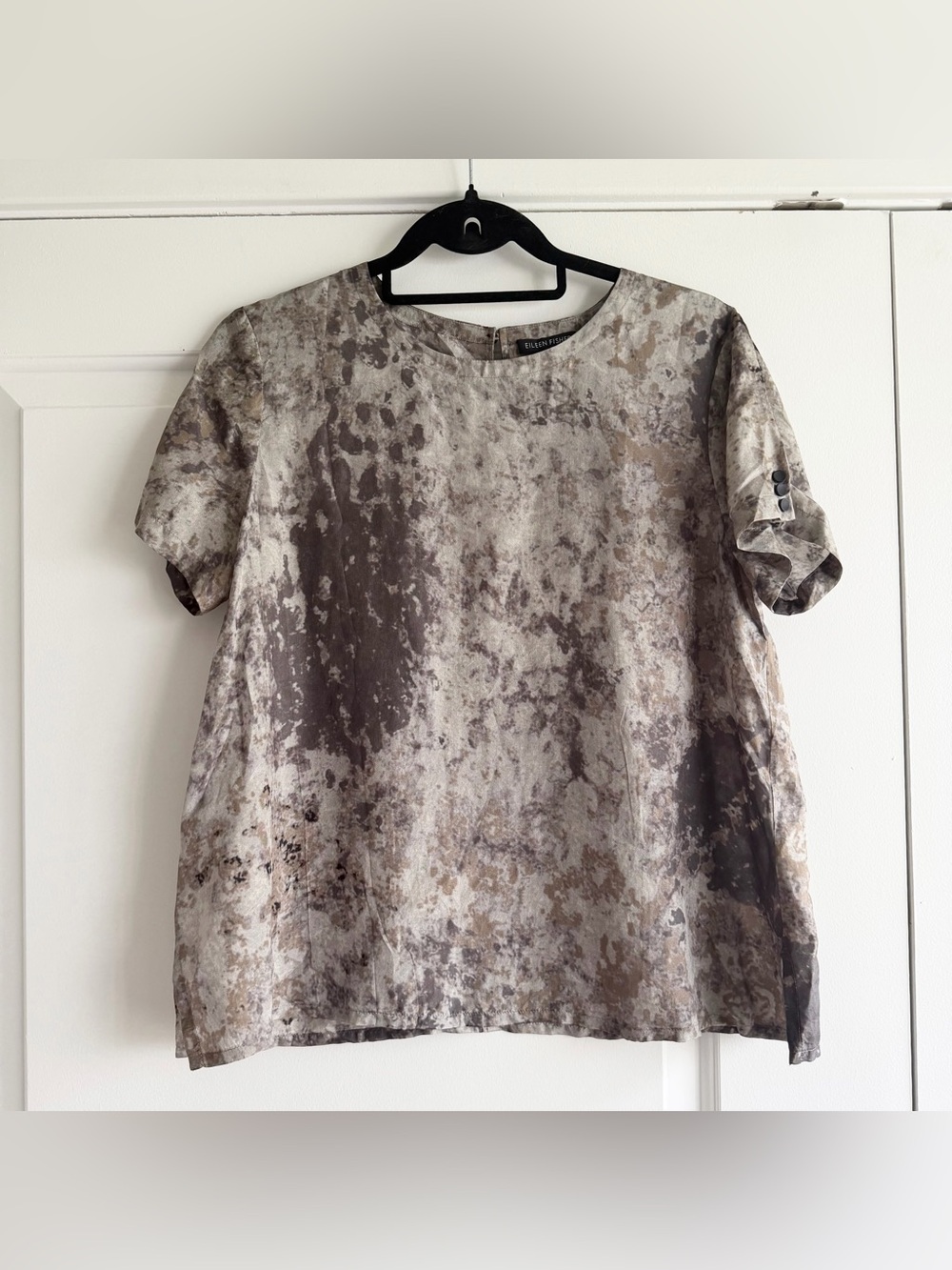 Eileen Fisher Brown and Grey Short Sleeve Patterned Blouse